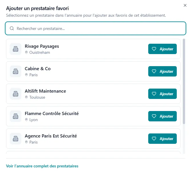 Ajout d’un prestataire aux favoris